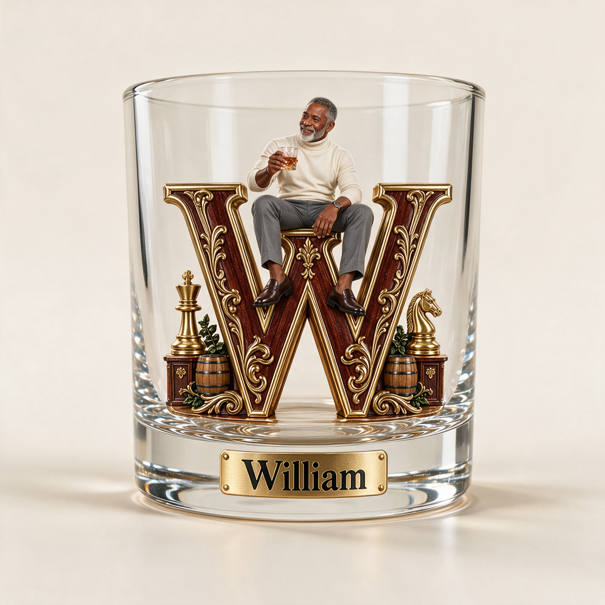 Personalized Custom Photo Chess Monogram Whiskey Glass - Gift for Older Men Who Love Whiskey