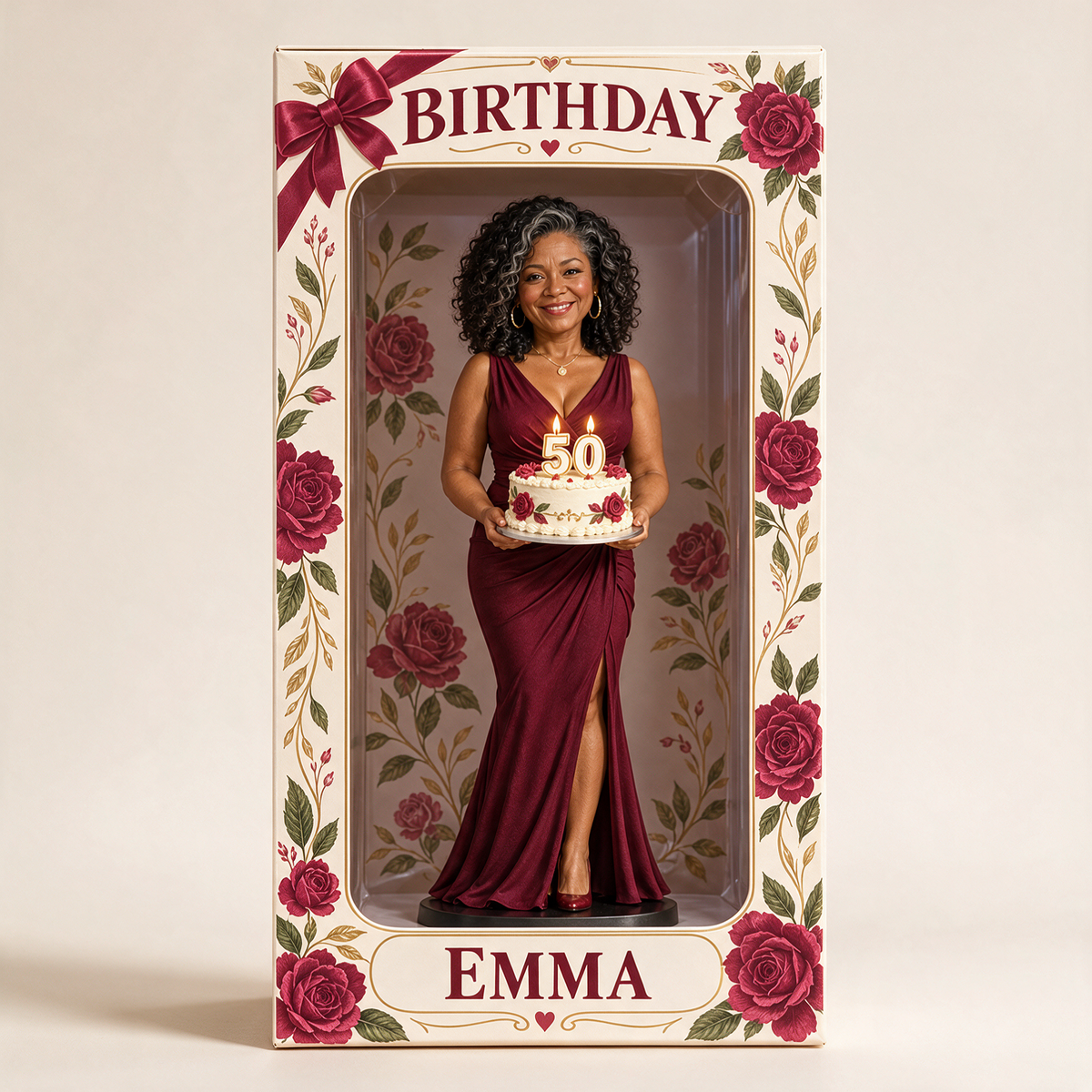 Personalized Custom Photo Red Rose Figurine Display Box - 50th Birthday Gift for Women
