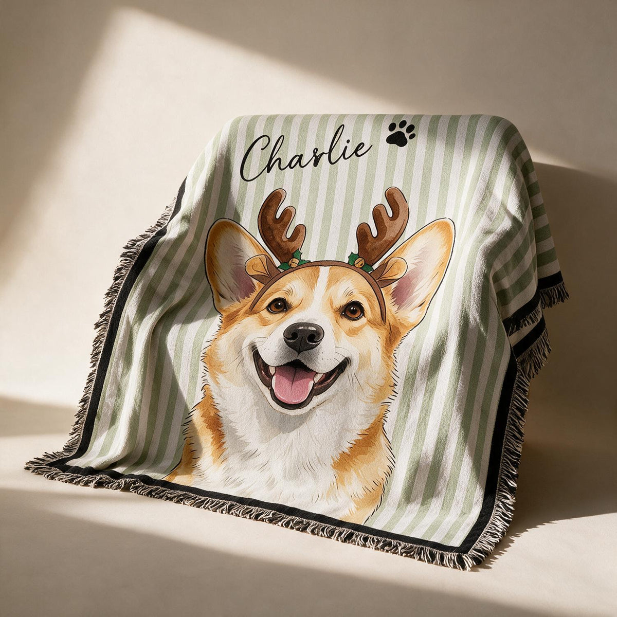 Personalized Christmas Smiling Corgi Reindeer Striped Woven Blanket, Custom Pet Portrait Gift