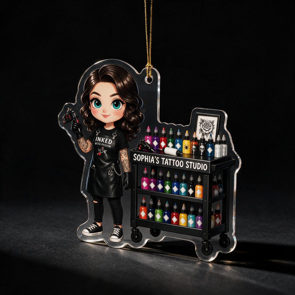 Personalized Christmas Female Tattoo Artist Acrylic Ornament, Tattoo Studio Cart Ink Lover Gift