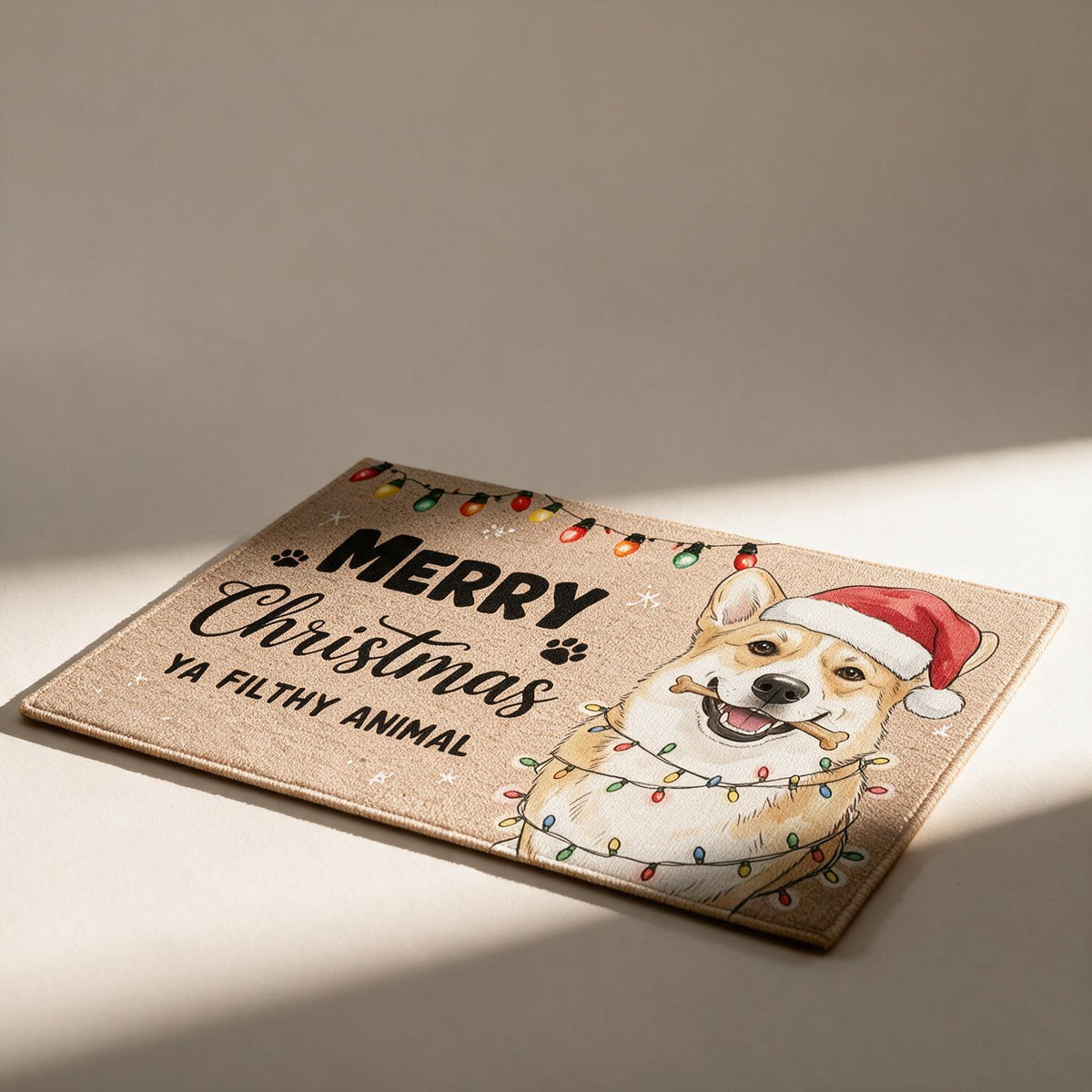 Custom Photo Christmas Smiling Corgi With Santa Hat Doormat, Merry Christmas Ya Filthy Animal