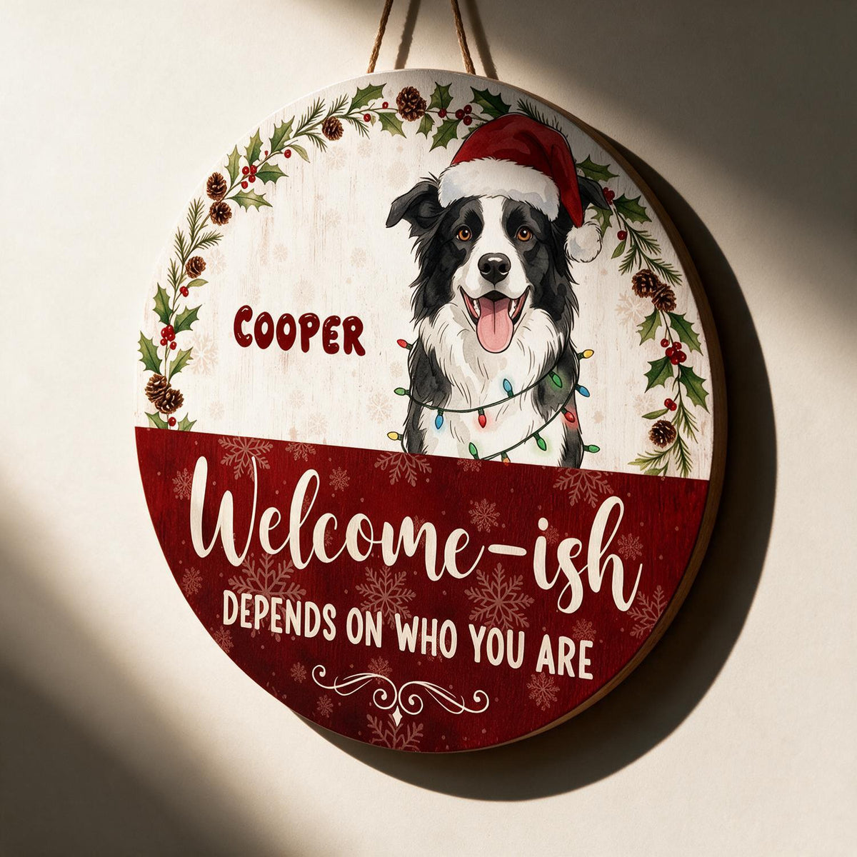 Personalized Christmas Border Collie Welcome-ish Round Wood Sign, Funny Dog Front Door Decor