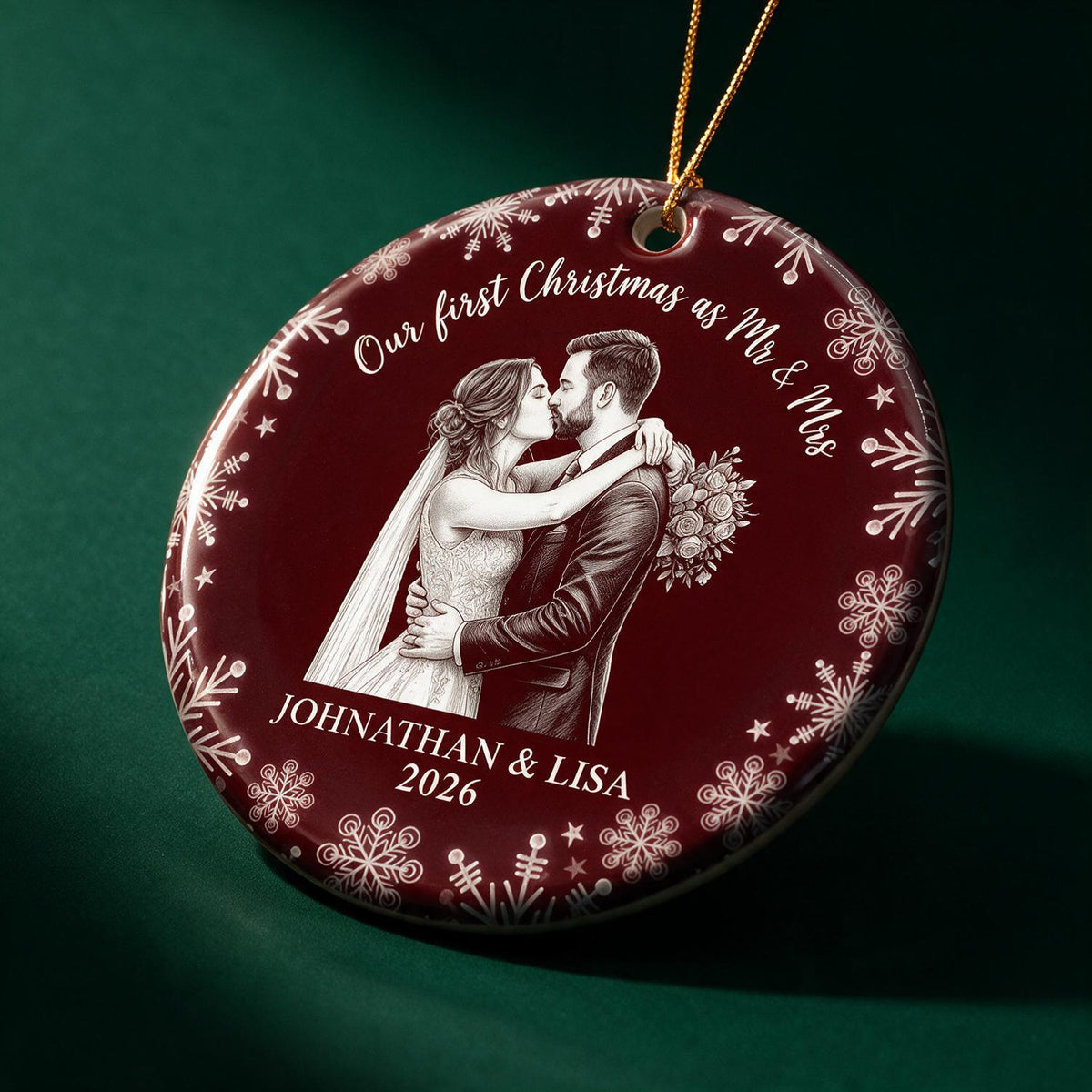 Personalized Our First Christmas as Mr & Mrs Wedding Couple Line Art Ornament, Newlywed Holiday Gift
