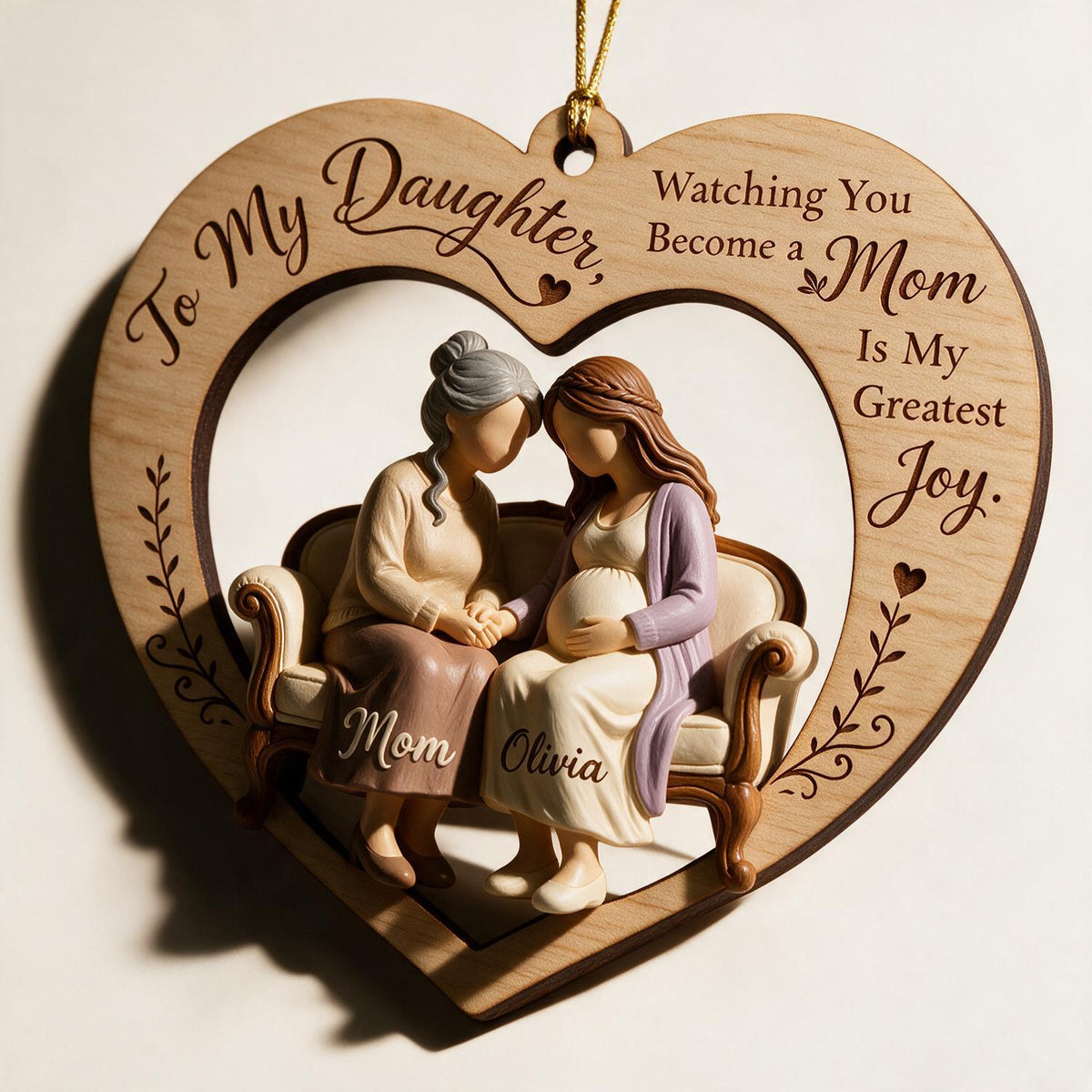 Personalized Christmas Mom & Expecting Daughter Heart Wooden Ornament New Mom Keepsake Gift