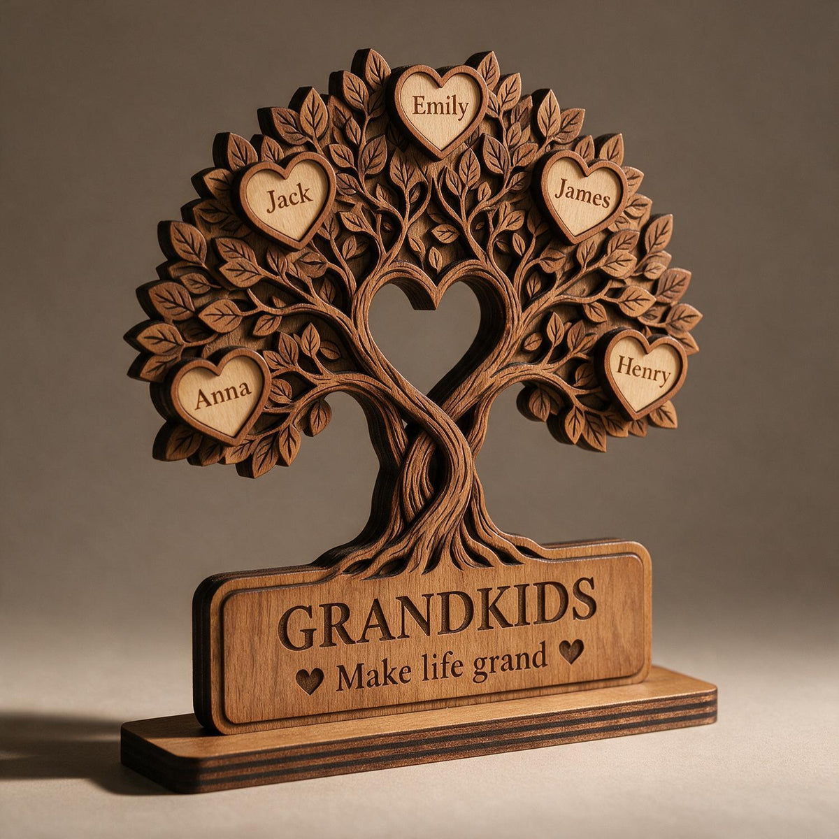 Personalized Family Tree Heart Wooden Plaque - Grandkids Make Life Grand Keepsake Gift for Grandparents