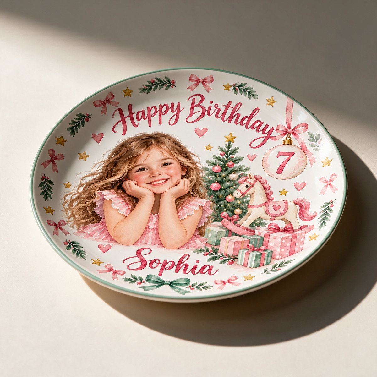 Personalized Birthday Ceramic Round Plate - Pink Christmas Portrait, Rocking Horse, Custom Name and Age
