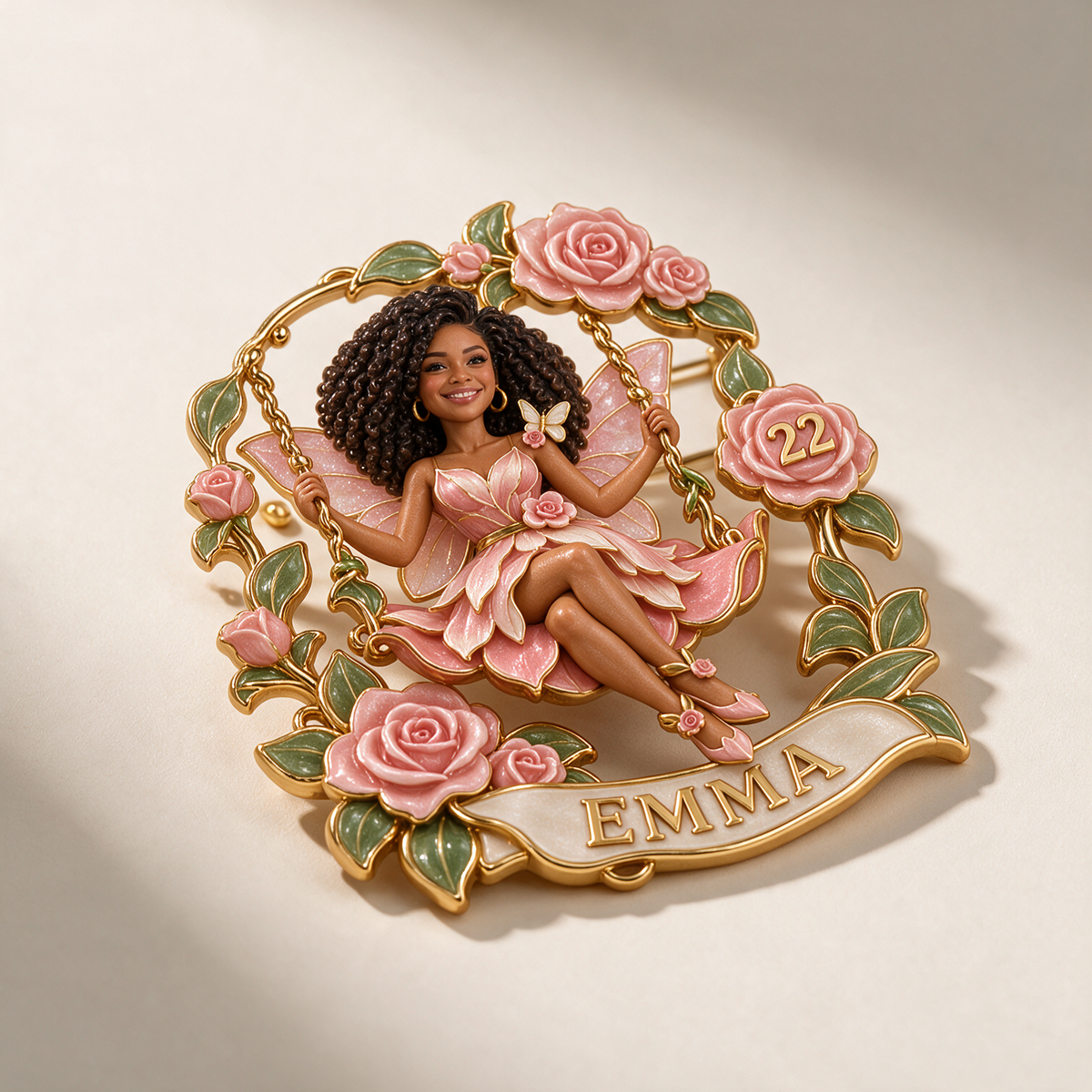 Personalized Birthday Fairy Brooch - Rose Swing, Portrait, Name and Age