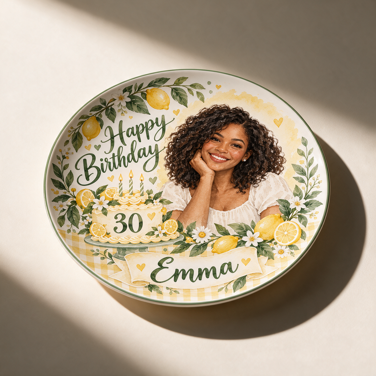 Personalized Lemon Birthday Ceramic Plate - Watercolor Portrait, Custom Name and Age