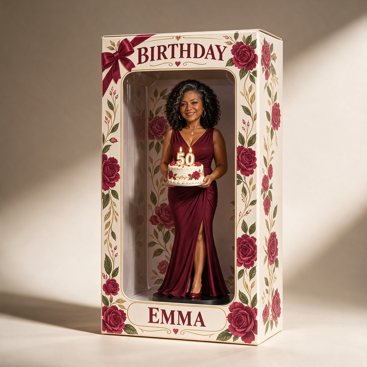 Personalized Custom Photo Red Rose Figurine Display Box - 50th Birthday Gift for Women