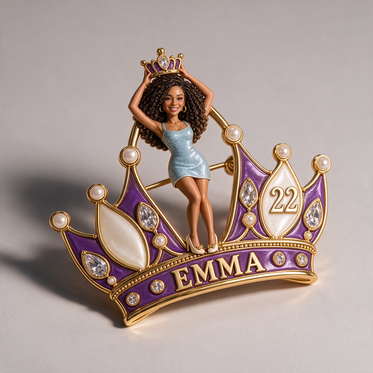 Personalized Birthday Crown Brooch - Sculpted Portrait, Name and Age