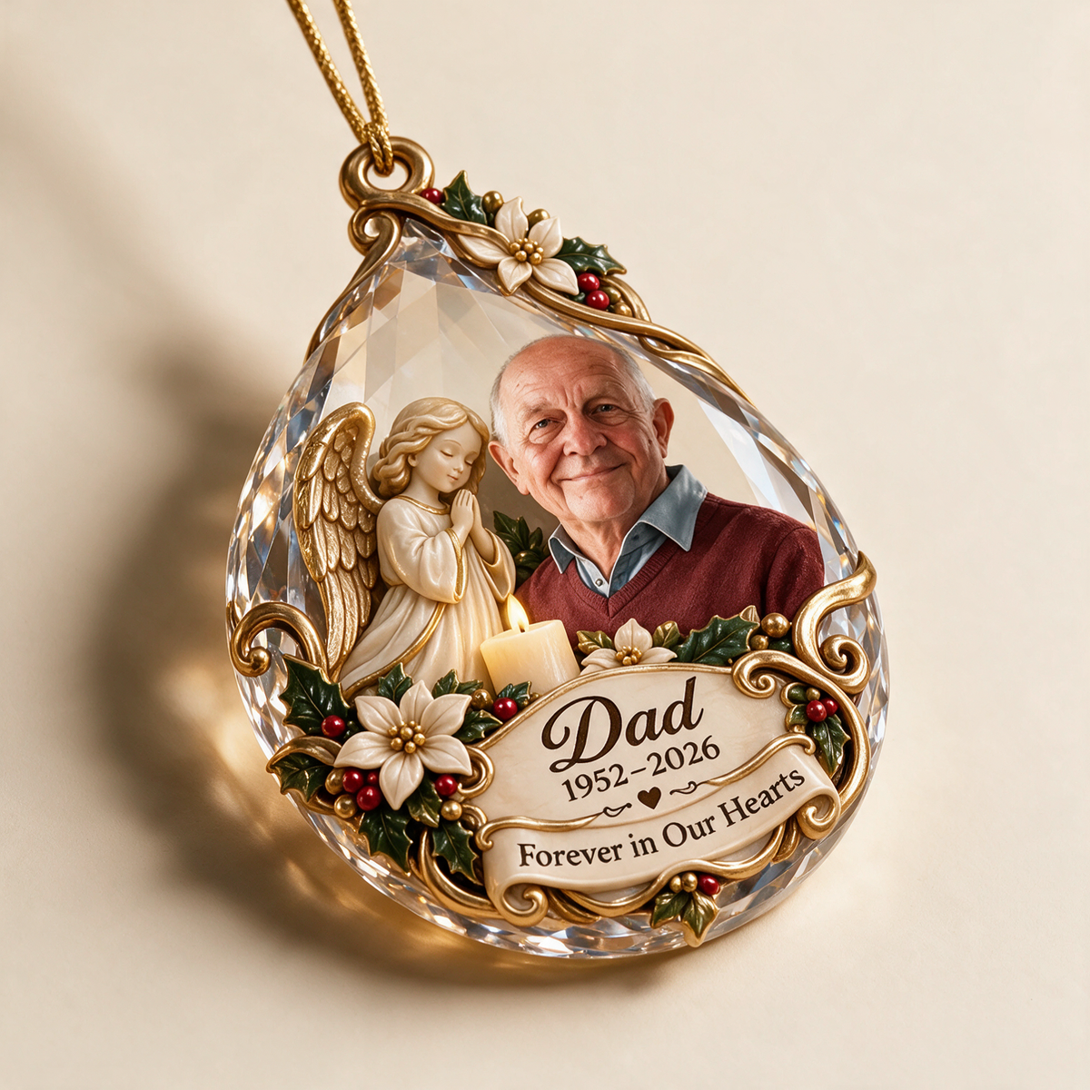Personalized Custom Photo Dad Memorial Angel Candle Teardrop 3D Ornament - Christmas Remembrance Keepsake