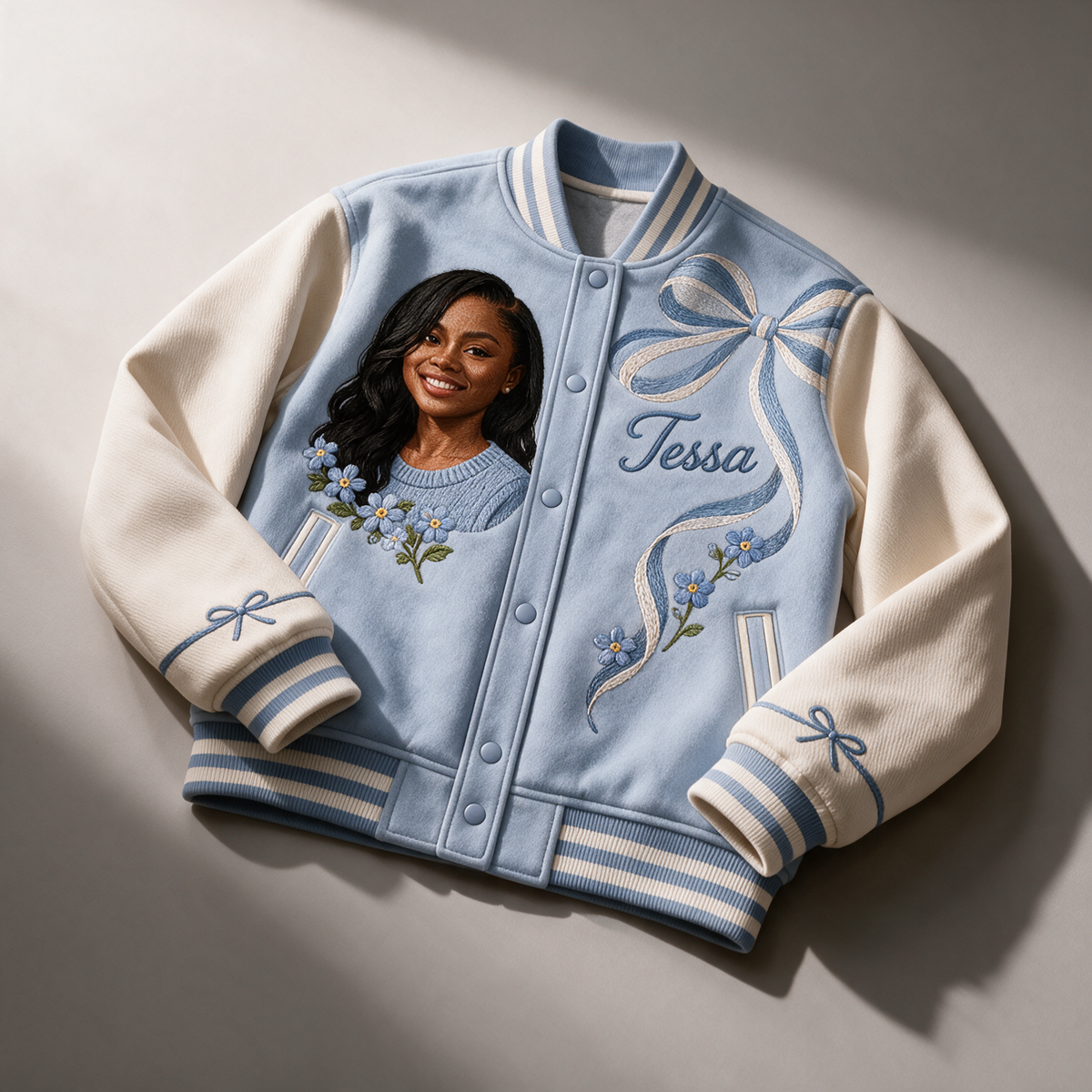Personalized Blue Bow Varsity Jacket - Women's Birthday Gift with Portrait and Name