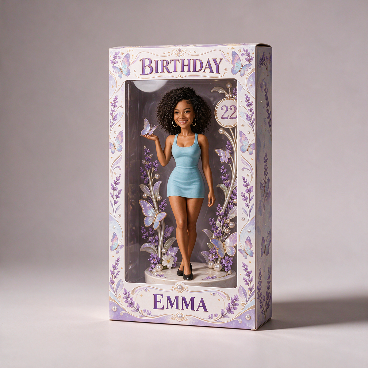 Personalized Birthday Display Box - Portrait Figurine with Lavender Butterfly, Name and Age