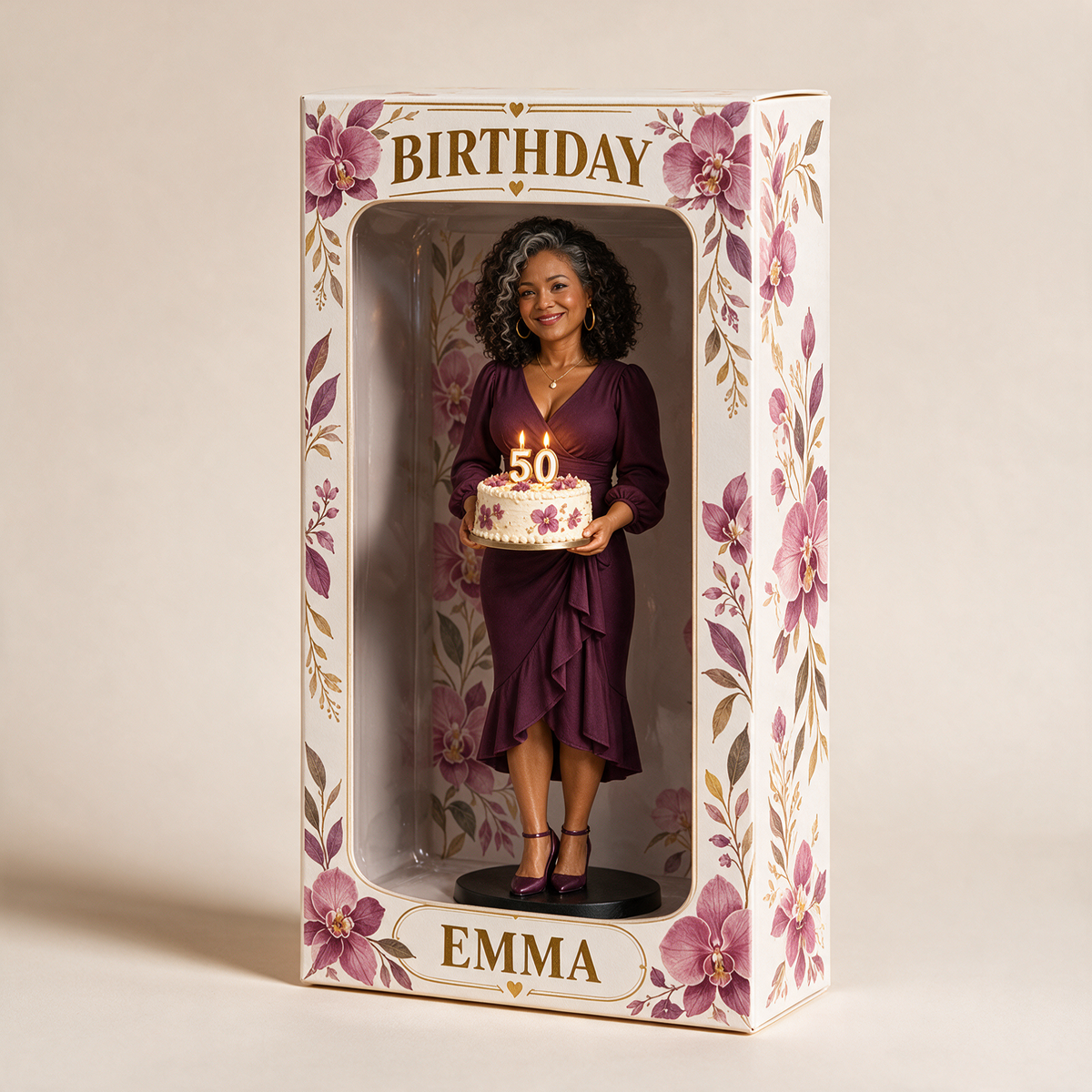 Personalized Custom Photo Orchid Figurine Display Box - 50th Birthday Gift for Women