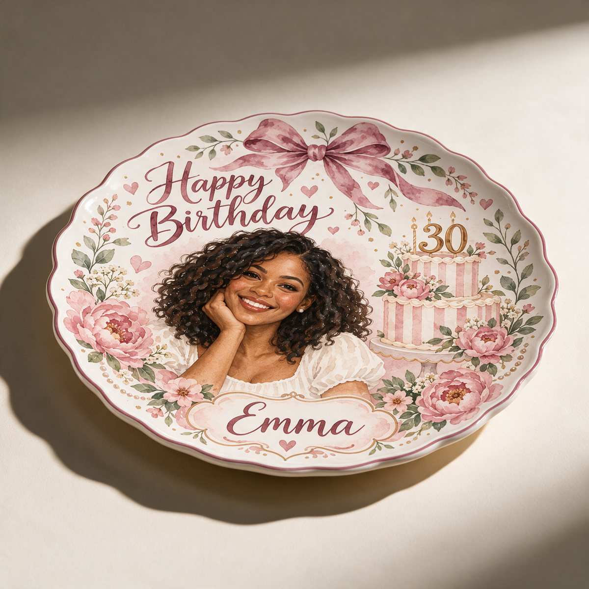 Personalized Birthday Ceramic Round Plate - Scalloped Floral Watercolor Portrait Gift