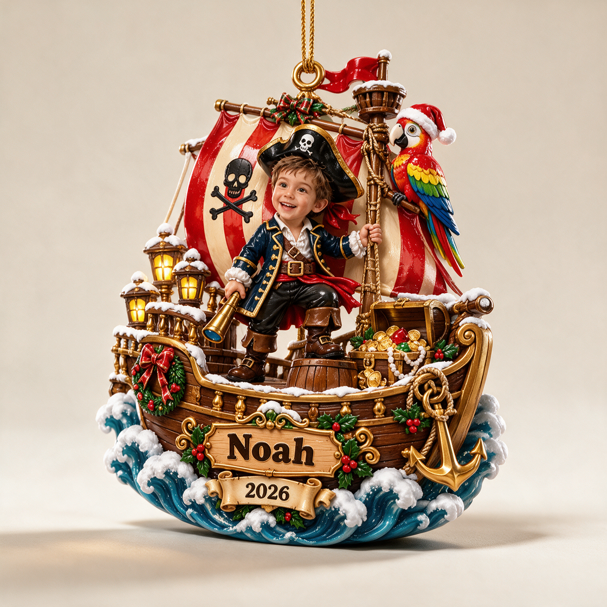 Personalized Custom Photo Pirate Ship 3D Ornament - 2026 Christmas Gift for Boys