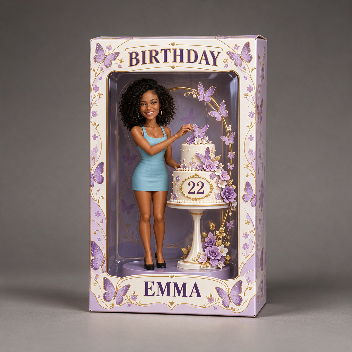 Personalized Birthday Display Box - Portrait Figurine with Butterfly Cake, Name and Age