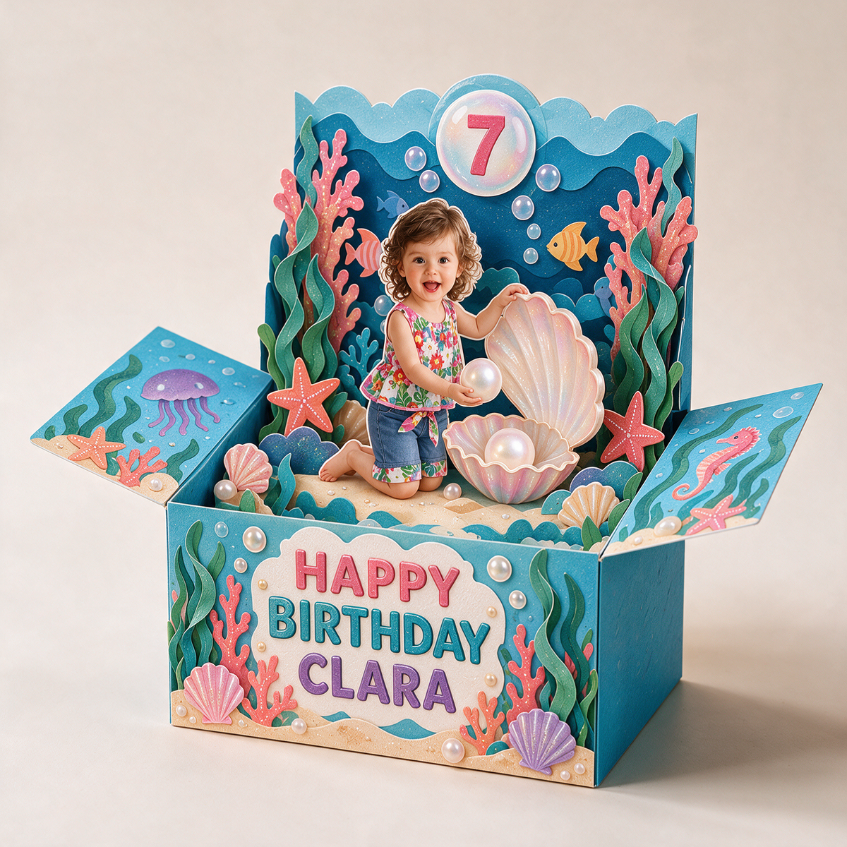 Personalized Undersea Pop-Up Box Card - Shell and Pearl Birthday Gift with Custom Photo, Name and Age