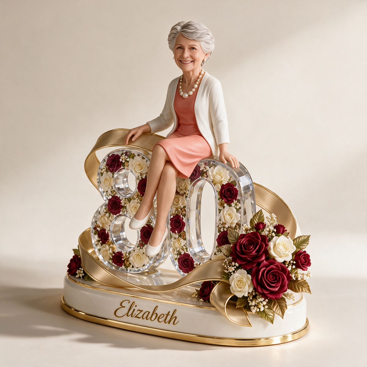 Personalized Birthday Figurine - Custom Portrait, Rose and Ribbon Keepsake Gift
