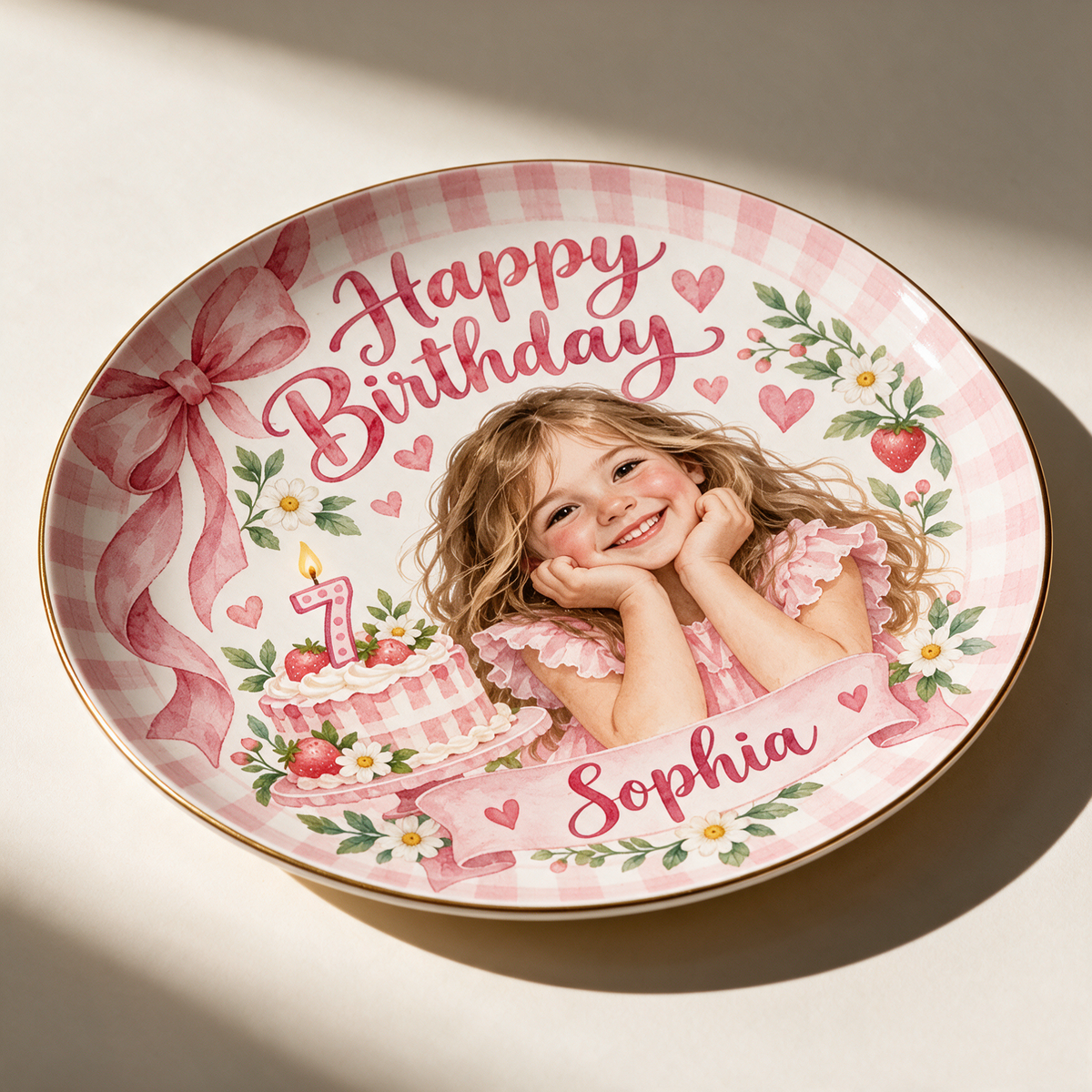 Personalized Birthday Ceramic Round Plate - Custom Portrait, Name and Age, Pink Bow and Floral Design