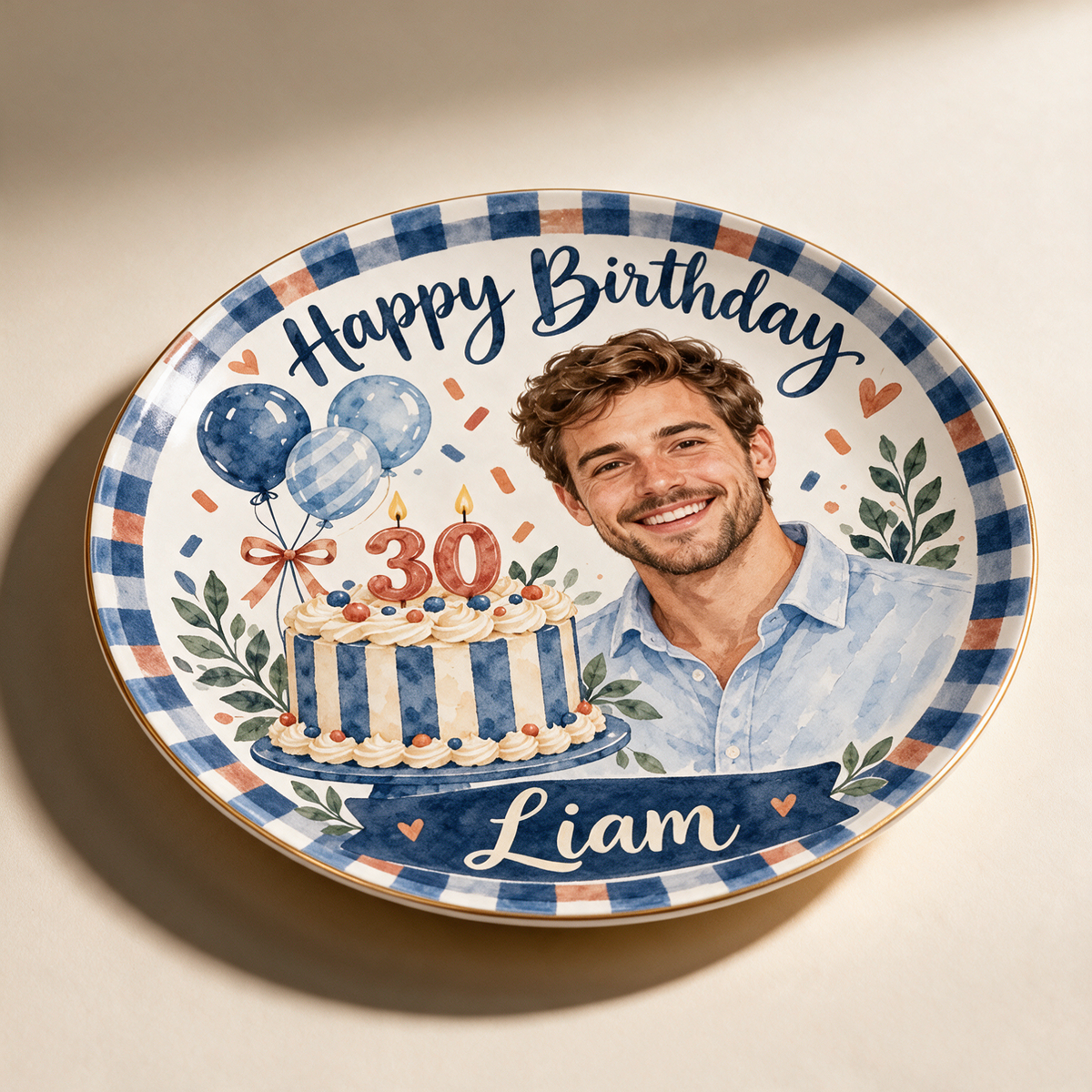 Personalized Birthday Ceramic Round Plate - Navy Gingham Watercolor Portrait Gift