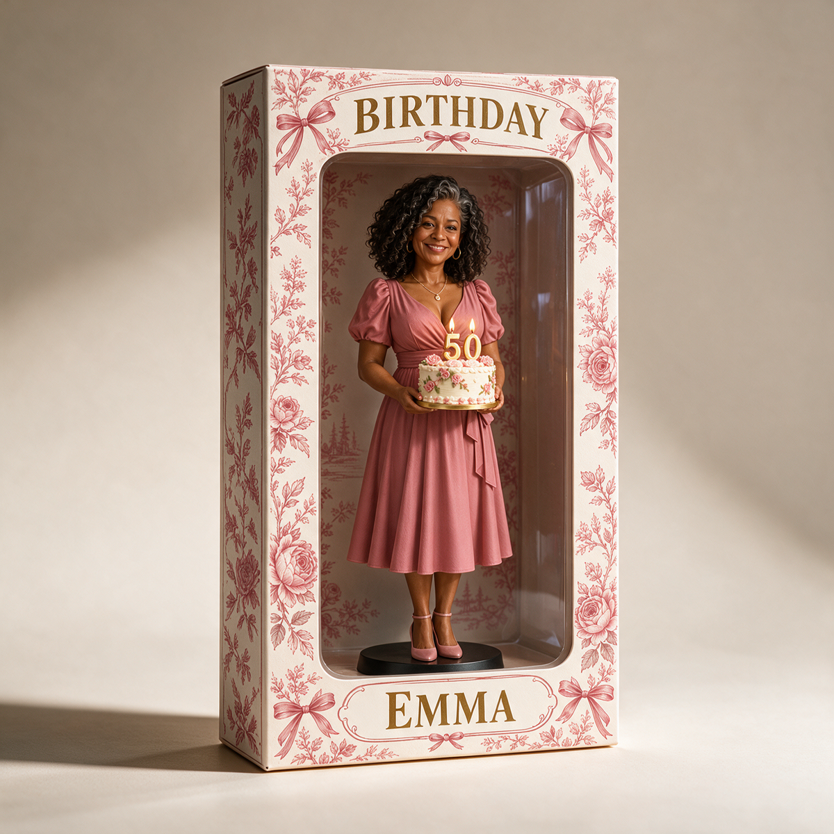 Personalized Custom Photo Pink Toile Figurine Display Box - 50th Birthday Gift for Women