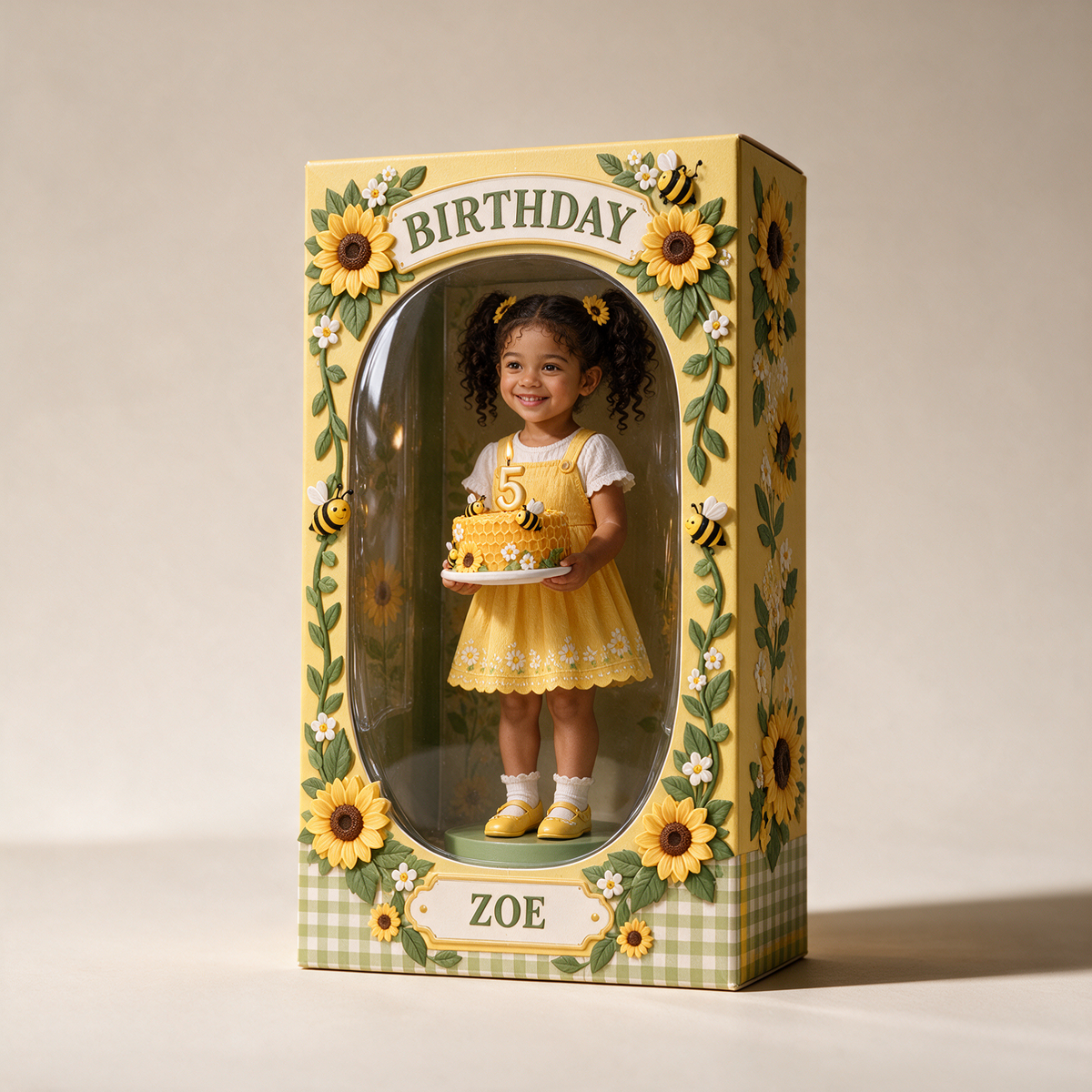 Personalized Custom Photo Sunflower Bee Acrylic Display Box - 5th Birthday Gift for Girls