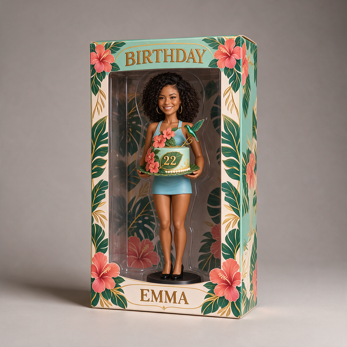 Personalized Birthday Display Box - Portrait Figurine with Butterfly Cake, Name and Age