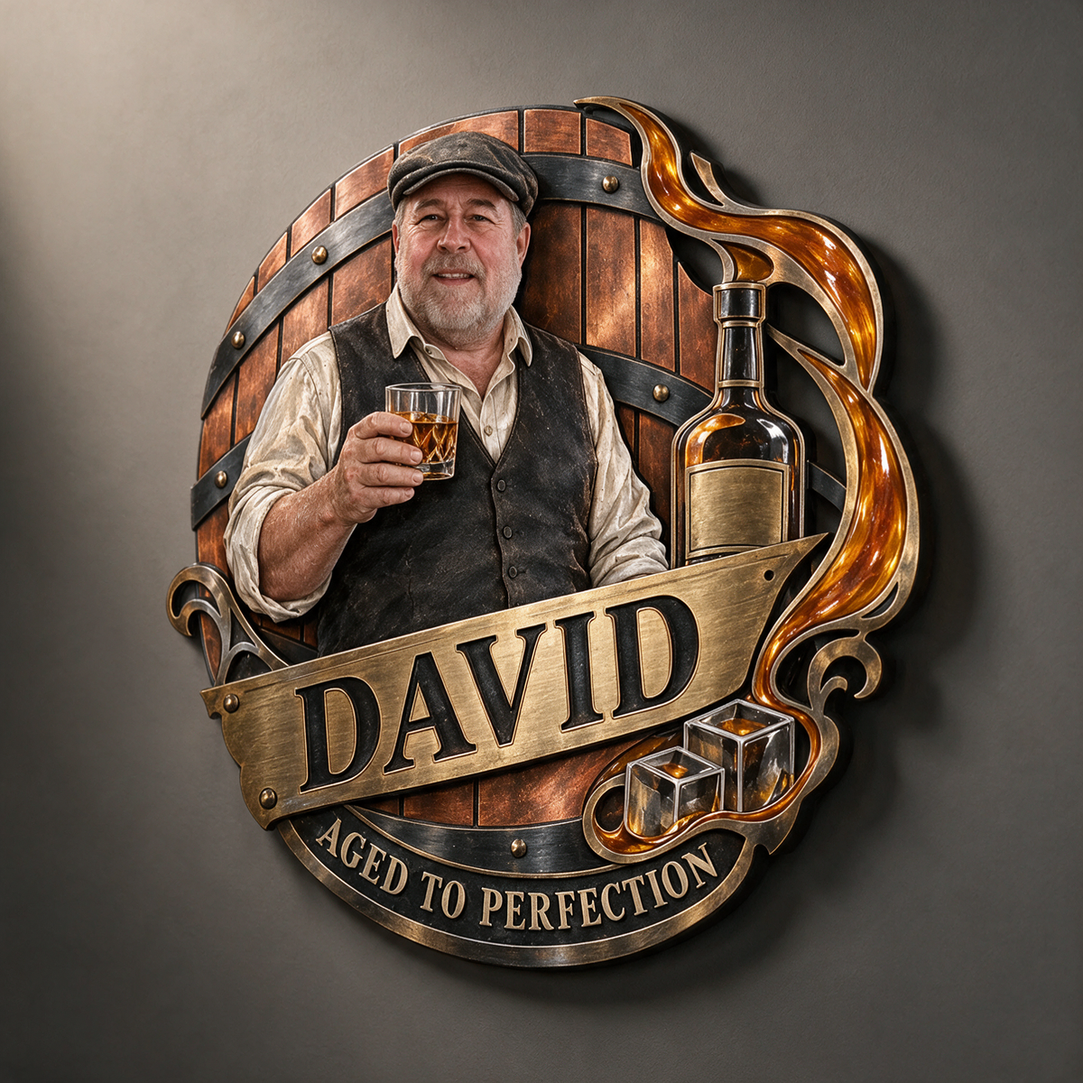 Personalized Whiskey Lover Metal Wall Art - Custom Portrait and Name, Home Bar Decor