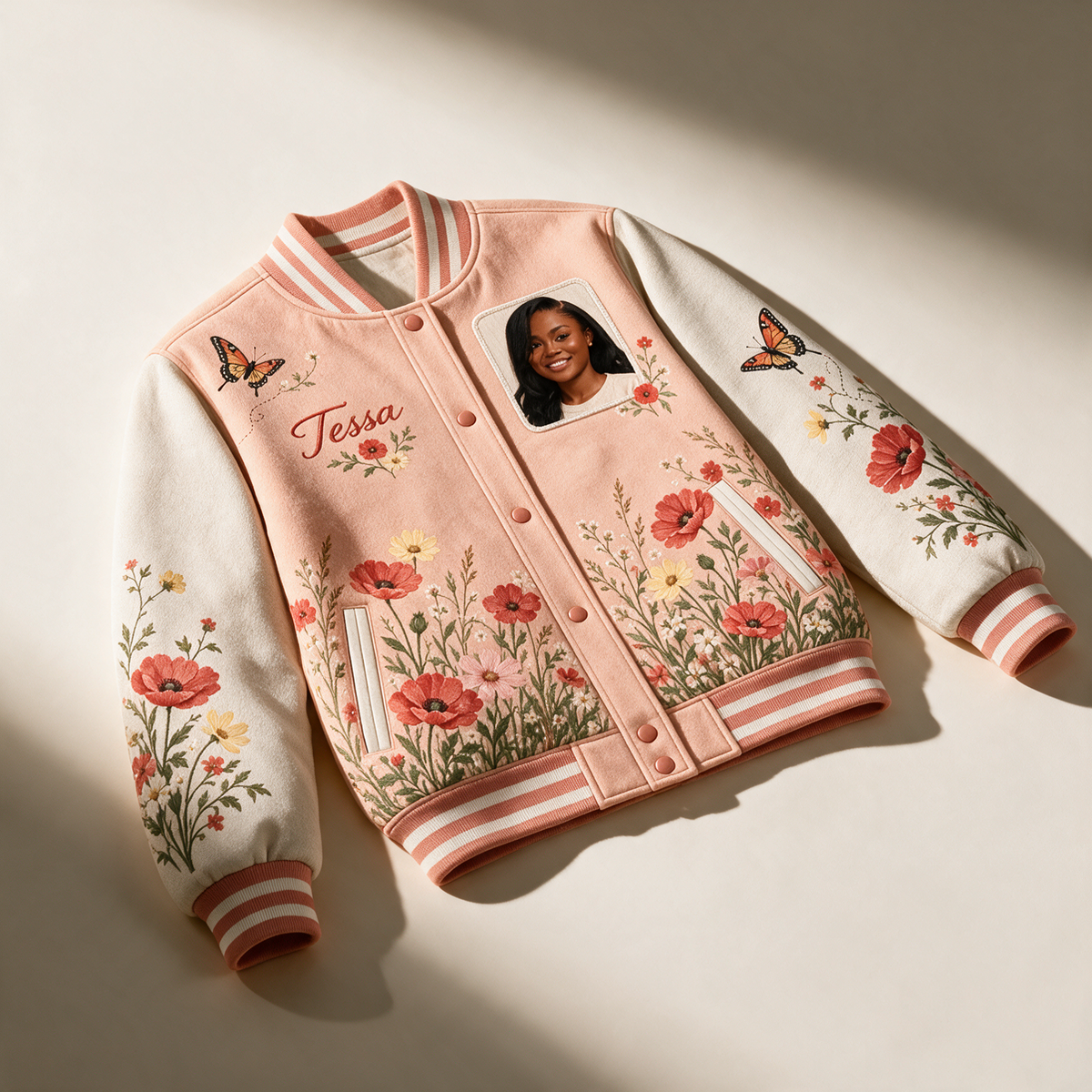 Personalized Poppy Meadow Varsity Jacket - Women's Photo and Name Botanical Design