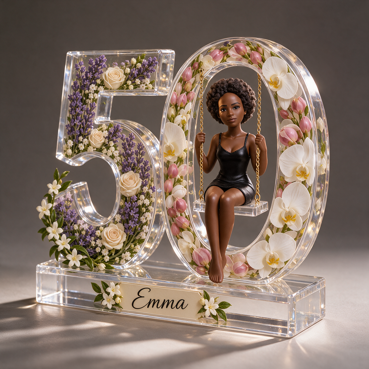 Personalized Custom Photo Floral Swing Acrylic Number Figurine Display - 50th Birthday Gift for Women