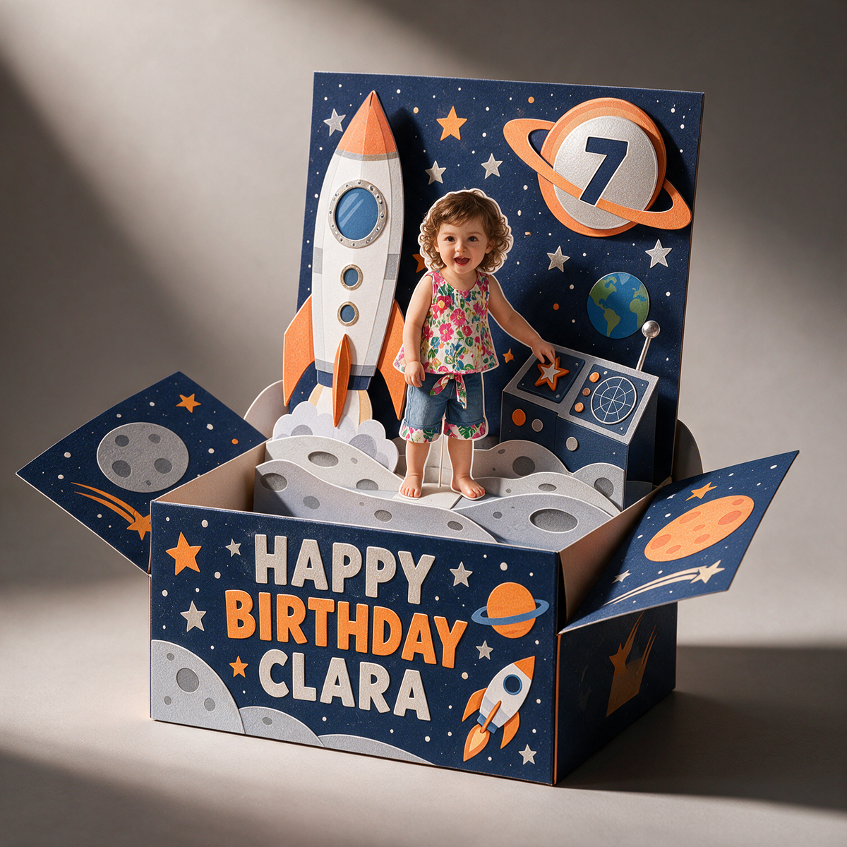 Personalized Space Rocket Pop-Up Box Card - Birthday Gift with Custom Photo, Name and Age