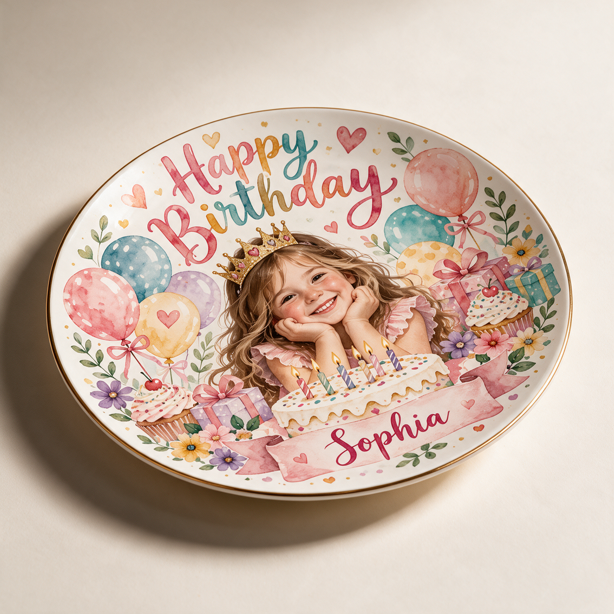Personalized Colorful Birthday Ceramic Plate - Watercolor Portrait, Custom Name and Age