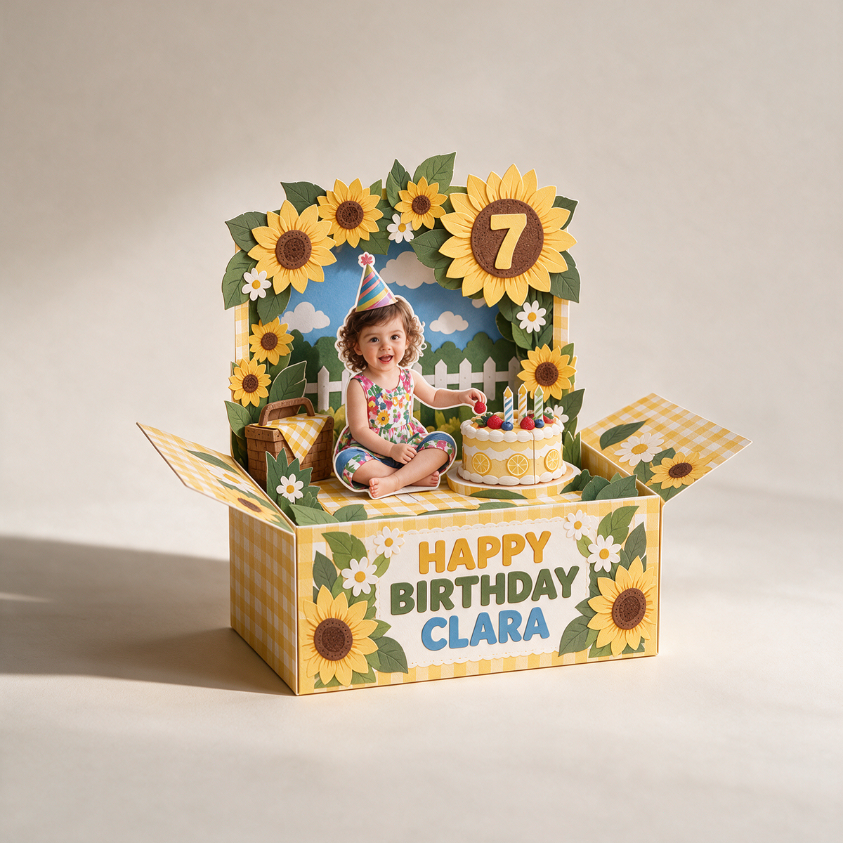 Personalized Sunflower Pop-Up Box Card - Birthday Cake Picnic with Custom Photo, Name and Age