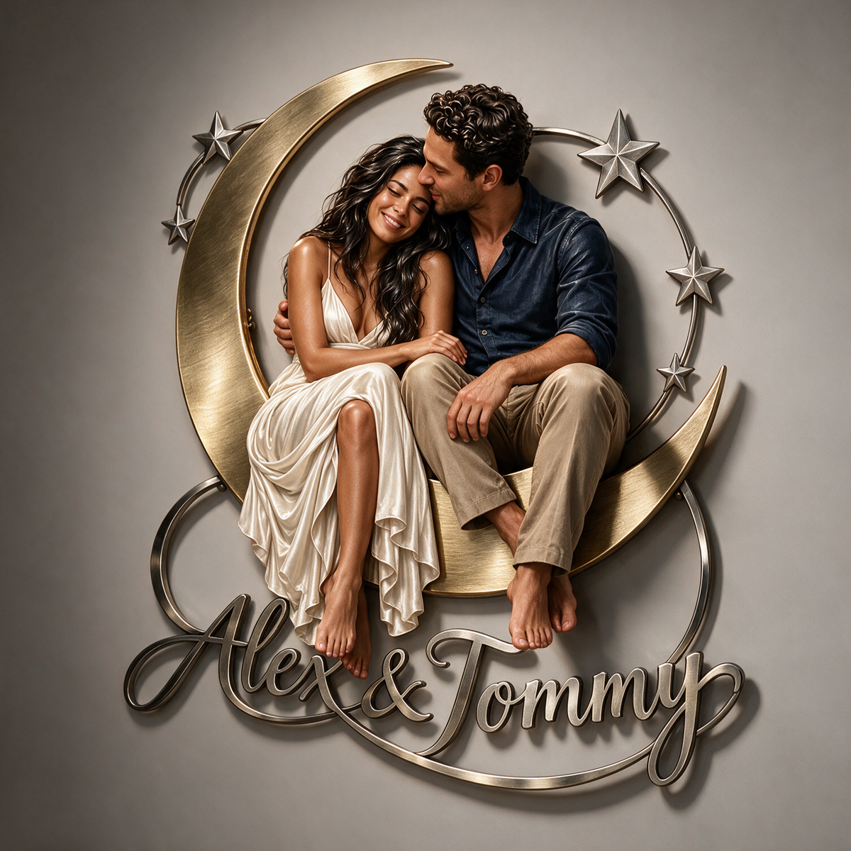 Personalized Custom Photo Moon and Stars Couple 3D Metal Wall Art - Bedroom Decor Gift for Young Couples