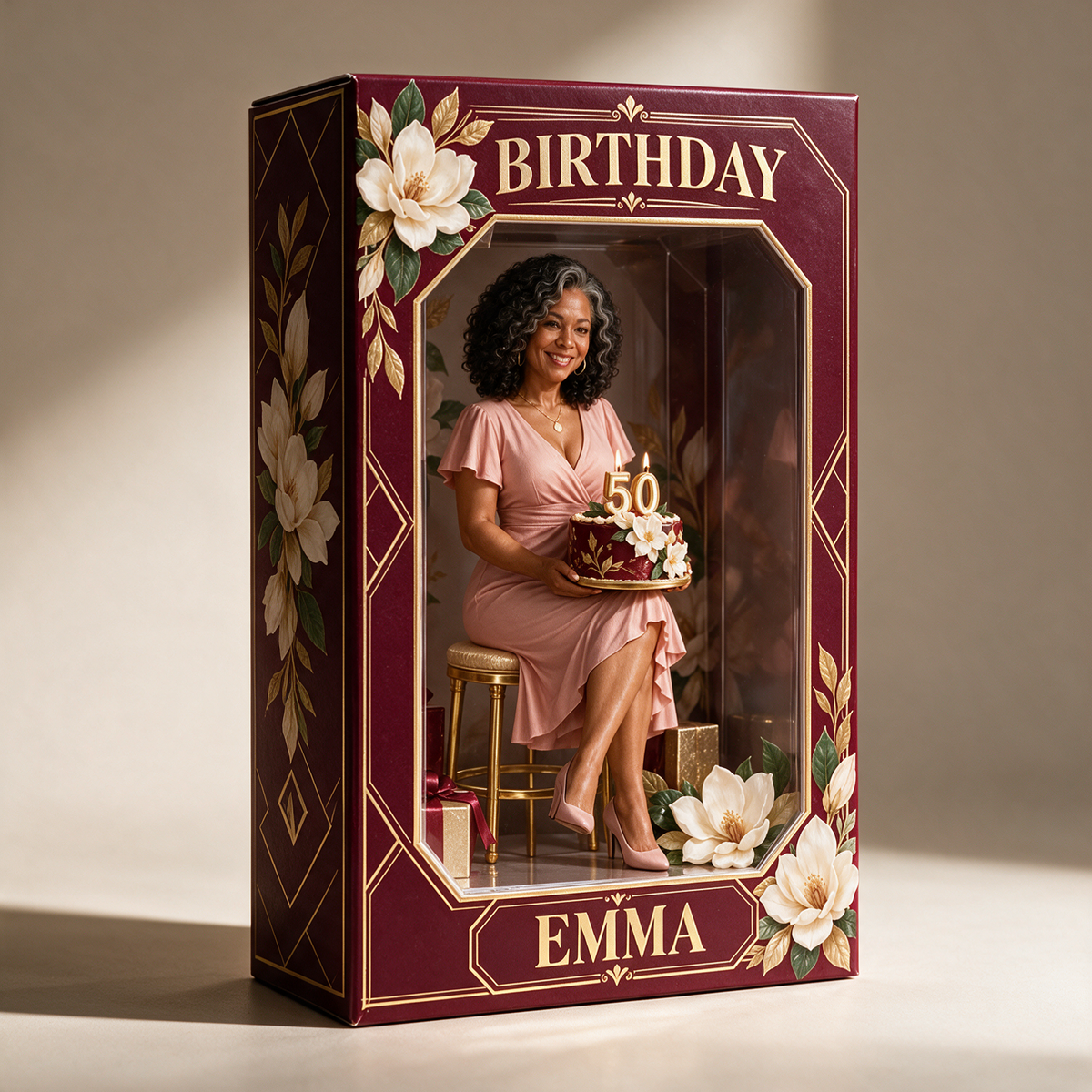Personalized Custom Photo Magnolia Figurine in Acrylic Display Box - 50th Birthday Gift for Women