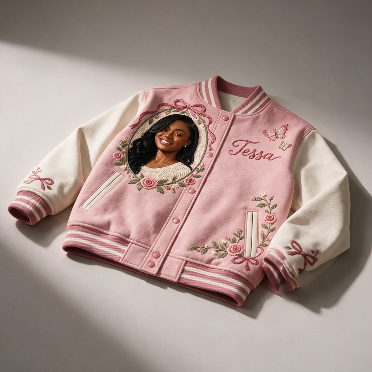 Personalized Rose Bow Varsity Jacket - Women's Embroidered Portrait and Name
