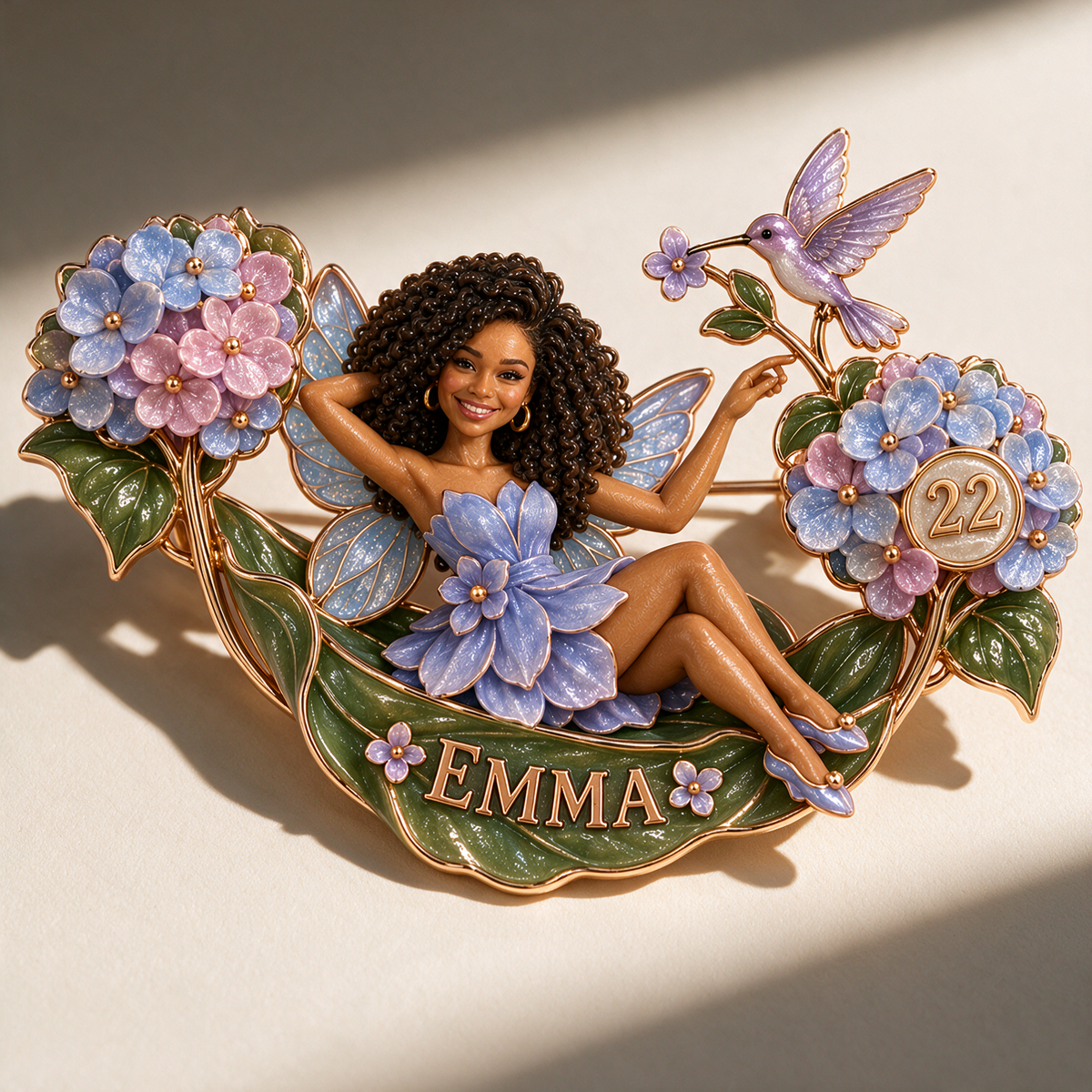 Personalized Hydrangea Hammock Dream Fairy Brooch - Birthday Gift with Custom Photo, Name and Age