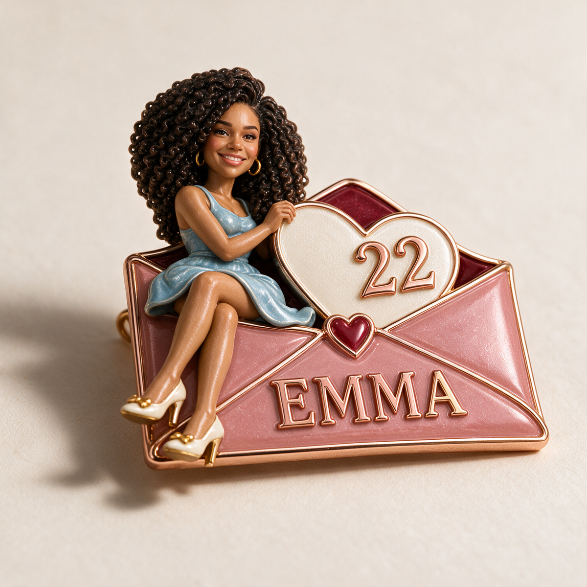 Personalized Birthday Envelope Brooch - Heart Card, Portrait, Name and Age