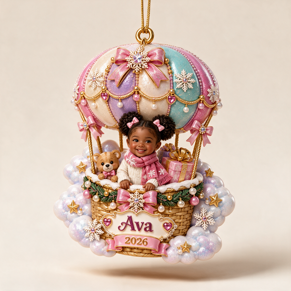 Personalized Custom Photo Hot Air Balloon 3D Ornament - 2026 Christmas Gift for Little Girls