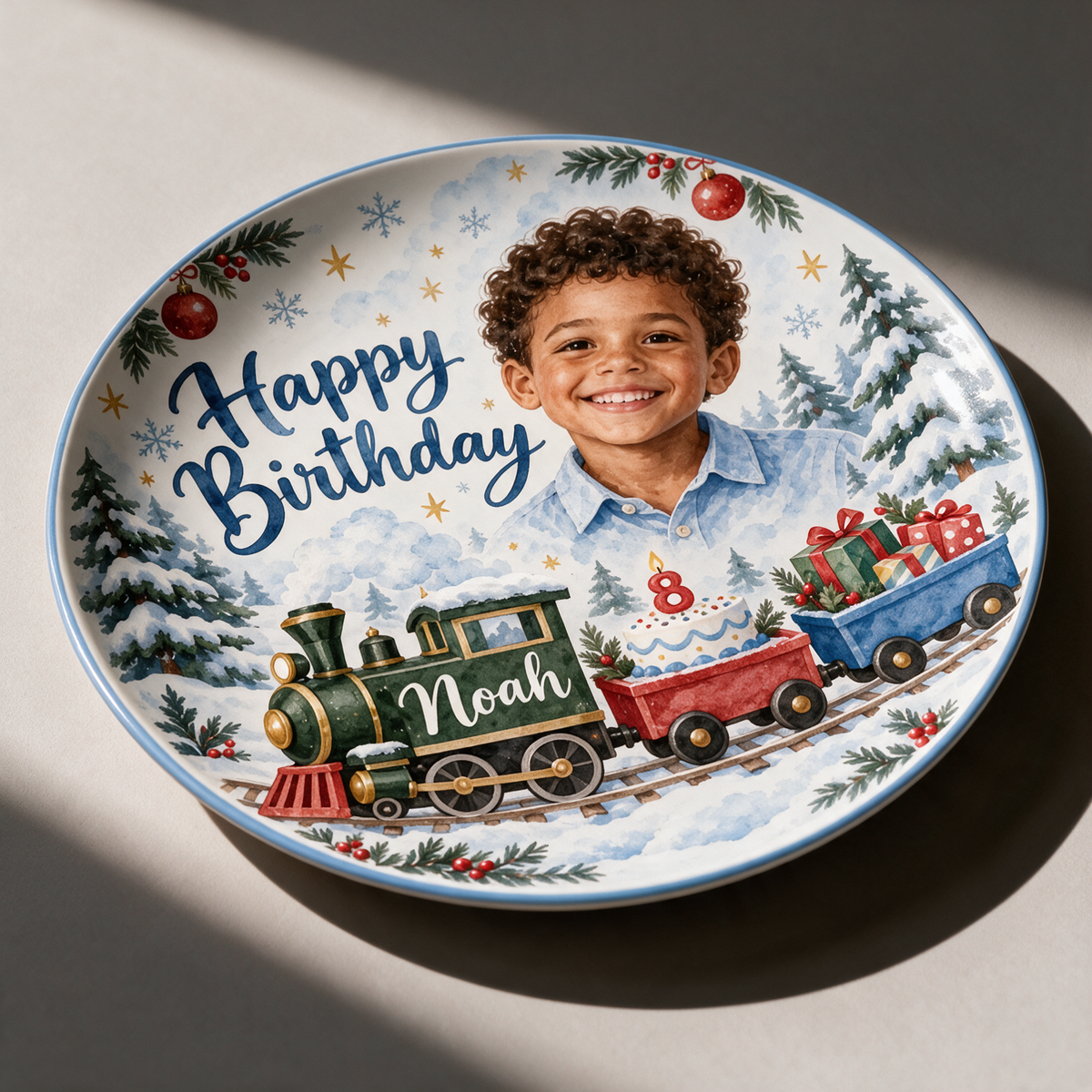Personalized Christmas Train Ceramic Plate - Birthday Watercolor Portrait, Custom Name and Age