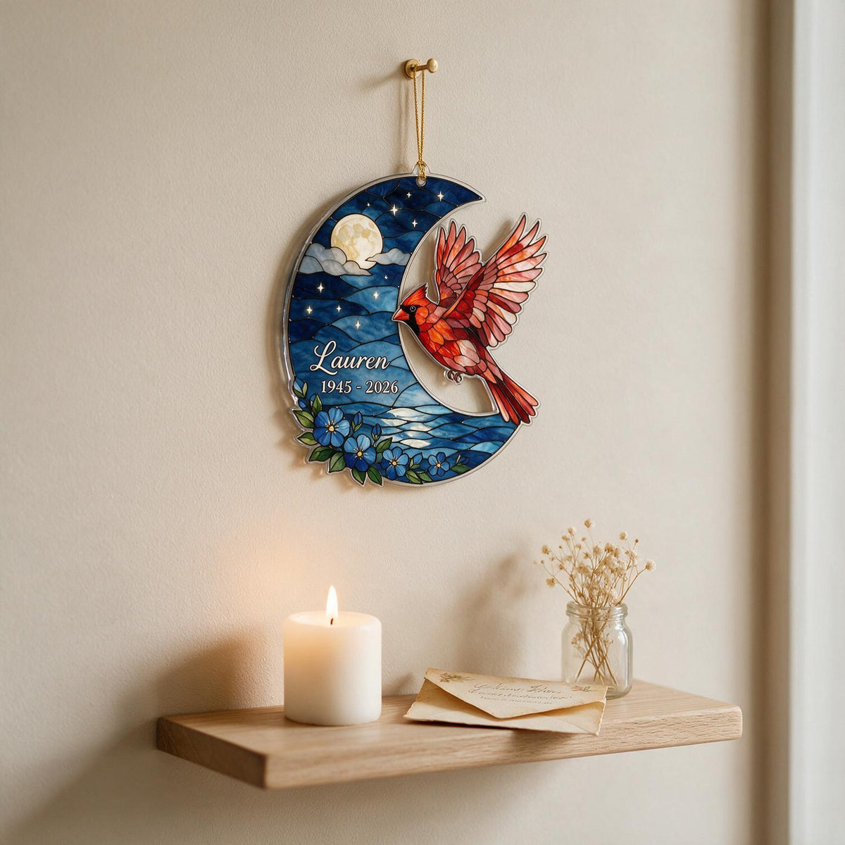 Personalized Memorial Pet Photo Acrylic Ornament - Crescent Moon Stained Glass Style Sympathy Gift