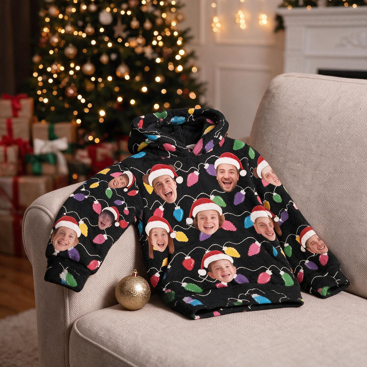 Custom Photo Christmas Family Face Print Fleece Hoodie, Funny Xmas Party Gift