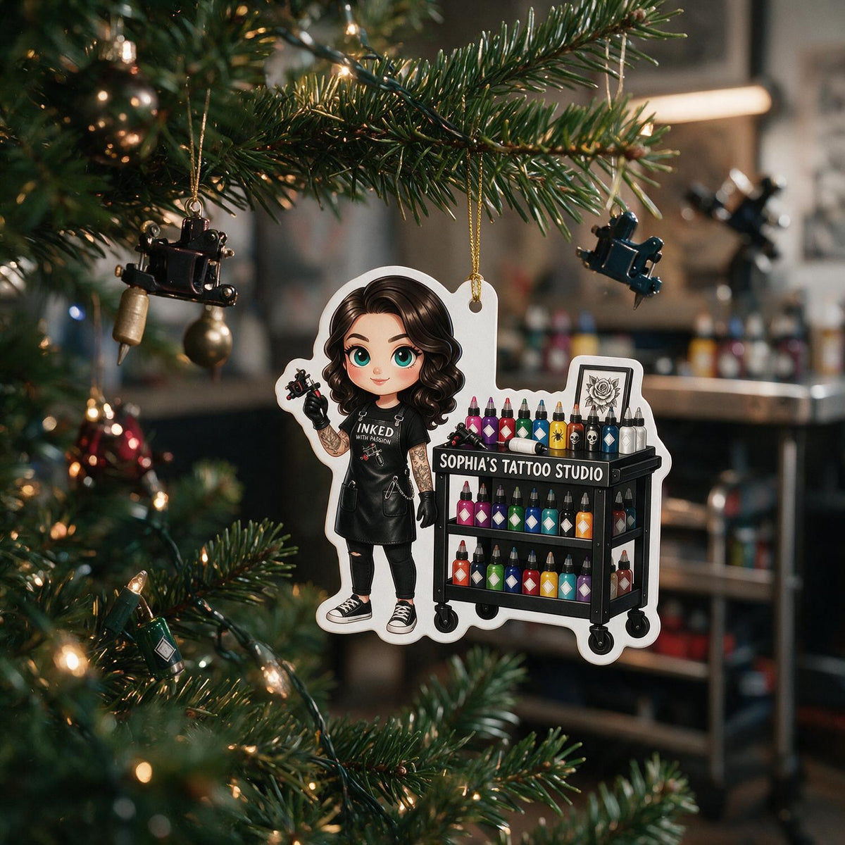 Personalized Christmas Female Tattoo Artist Acrylic Ornament, Tattoo Studio Cart Ink Lover Gift