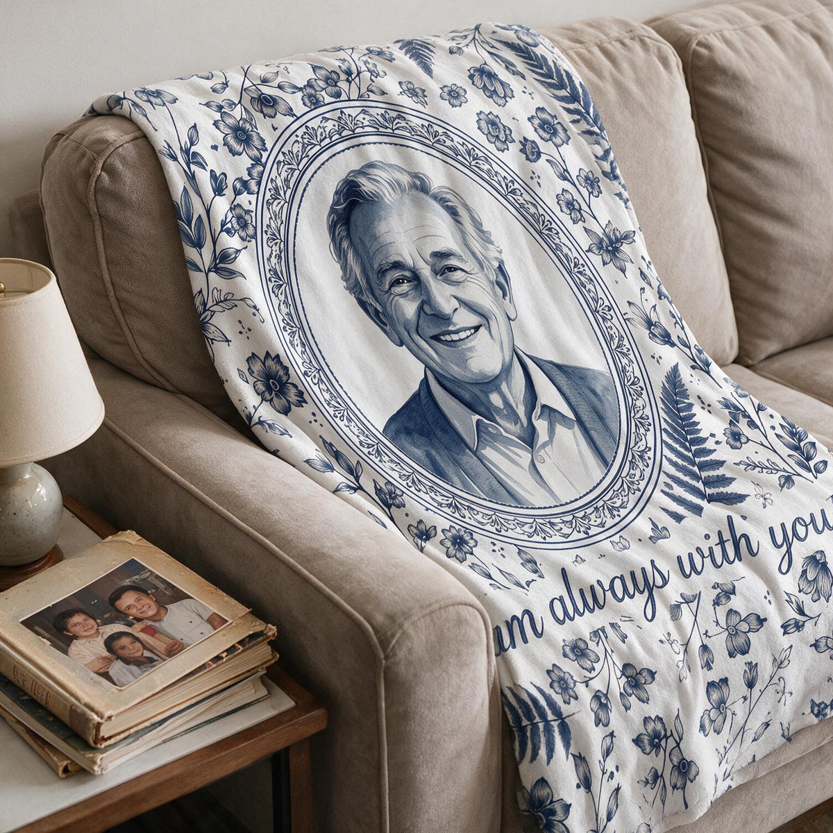 Custom Photo Memorial Toile Blue Watercolor Portrait Blanket - Sympathy Keepsake Gift