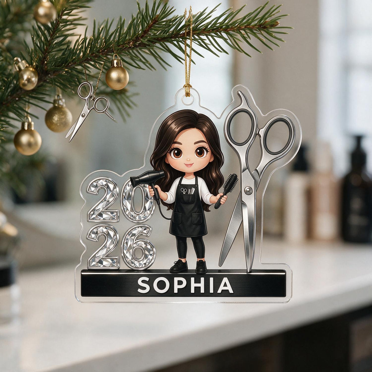 Personalized 2026 Female Hairdresser Acrylic Ornament - Hairstylist Christmas Gift