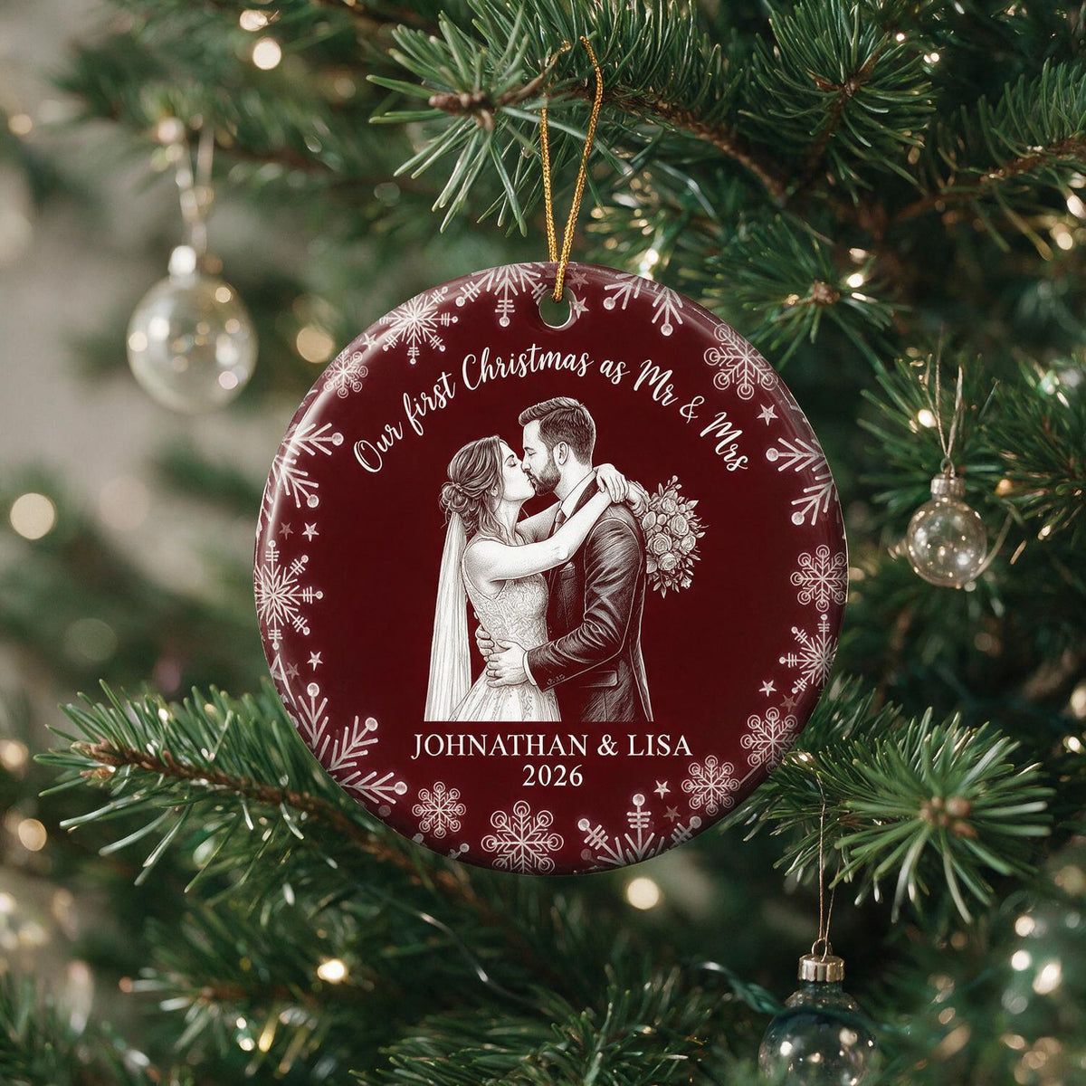 Personalized Our First Christmas as Mr & Mrs Wedding Couple Line Art Ornament, Newlywed Holiday Gift