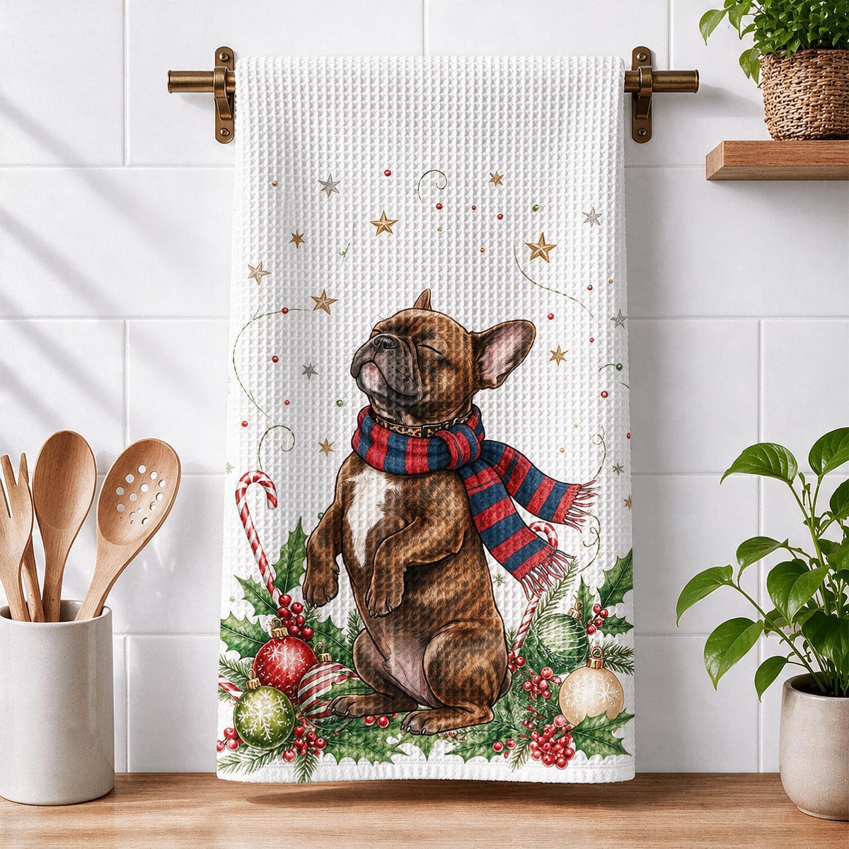 Custom Photo Christmas Brindle French Bulldog Kitchen Towel, Dog Lover Gift Decor