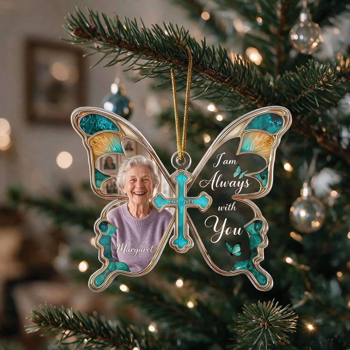 Personalized Christmas Butterfly Memorial Photo Ornament - I Am Always With You Sympathy Gift