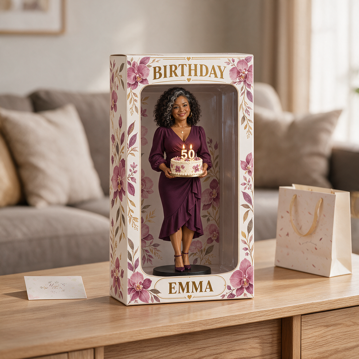 Personalized Custom Photo Orchid Figurine Display Box - 50th Birthday Gift for Women